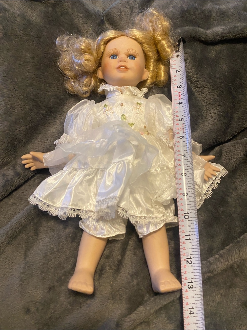 Blonde-Haired Kids Doll in White Satin Dress